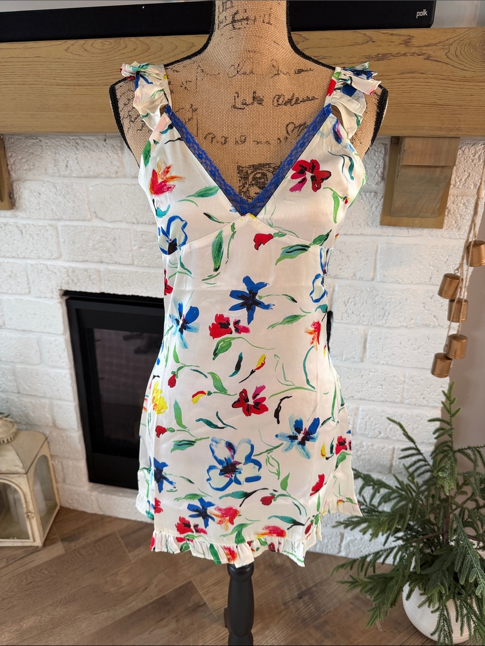 Nasty Gal White Floral V-Neck Mini Dress with Blue Trim